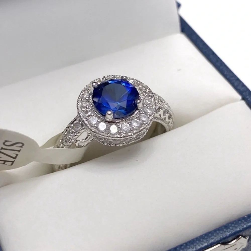 Sterling Silver Sapphire Engagement Ring with CZ Halo Size 7
